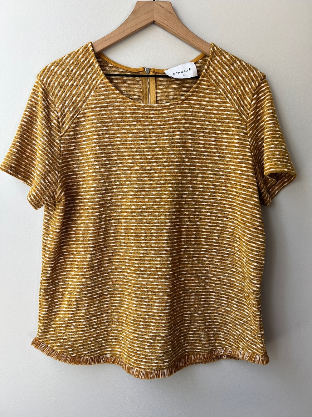 Emelia Blouse Top Women Lrg Mustard Yellow White Striped Knit Fringe Cottagecore